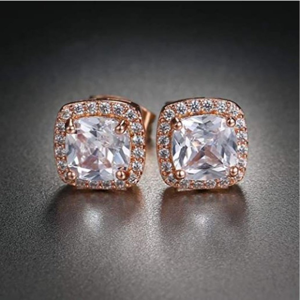 18K White Gold Plated Square Cubic Zircon 6mm Stud - Picture 8 of 15